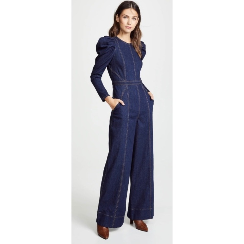 Ulla Johnson Dawn Denim Jumpsuit‎ Puff Sleeve Wide Leg Open Back Size 4